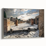 Vintage poster art of ancient ruins in muted earth tones on a large framed canvas, suitable for living room decor.