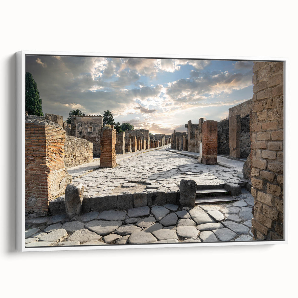 Framed canvas wall art featuring ancient ruins landscape in muted earth tones, suitable for bedroom decor.