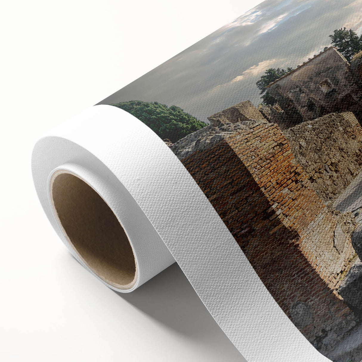 Art Deco poster of ancient ruins in muted earth tones on rolled canvas, suitable for nursery wall art or dining room decor.