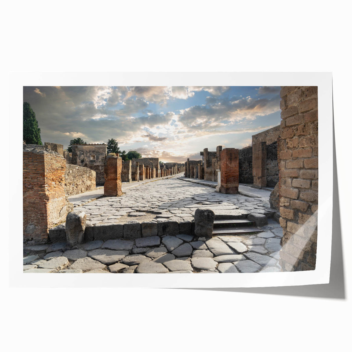 Ancient ruins design on rolled print, featuring muted earth tones, ideal for art wall dining room.