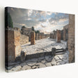 Side view of a stretched canvas featuring ancient ruins architecture in earth tones, ideal for kitchen wall art.