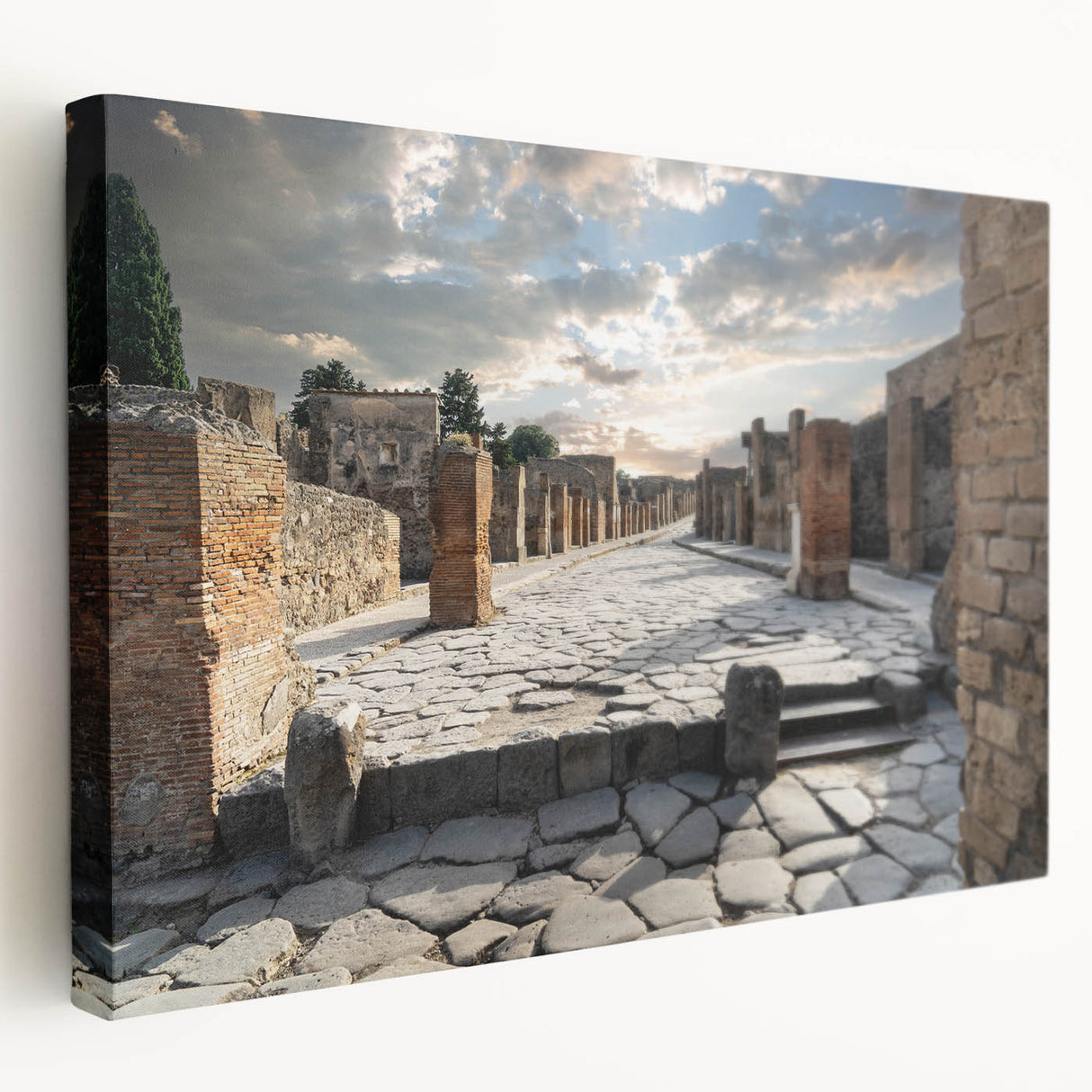 Side view of a stretched canvas featuring ancient ruins architecture in earth tones, ideal for kitchen wall art.