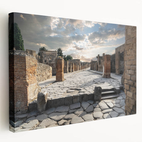 Side view of a stretched canvas featuring ancient ruins architecture in earth tones, ideal for kitchen wall art.