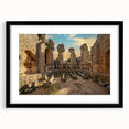 Extra large abstract print of colorful, textured ancient ruins on a black framed canvas, ideal for living room decor.