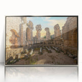 Framed acrylic print of ancient ruins in a mid-century modernist style, featuring muted earth tones.