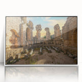 Art deco poster featuring ancient ruins in muted earth tones on a white framed acrylic.