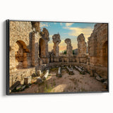 Black and white framed canvas of ancient ruins landscape, ideal for bedroom wall art in vintage poster style.
