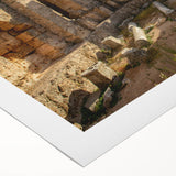 Art deco poster of ancient ruins in muted beige and brown, printed on rolled canvas, suitable for dining room wall art.