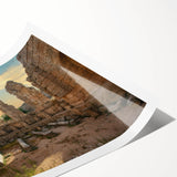 Extra large wall art featuring line art flowers on ancient ruins in muted earth tones, printed on rolled canvas.