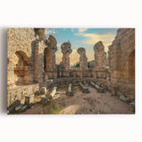 Black and white photograph of ancient ruins on a stretched canvas, ideal for kitchen wall art.