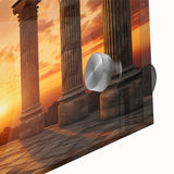 Mid-century modernist style large abstract wall art of ancient ruins in muted earth tones on acrylic glass.