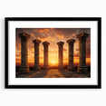 Extra large abstract art print of ancient ruins in vibrant, colorful hues on a textured canvas, framed in black.