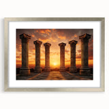 Textured art print of ancient ruins in muted earth tones on a framed canvas, suitable for bedroom decor.