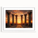 Abstract art print depicting ancient ruins in muted earth tones on a framed white mat, suitable for dining room decor.