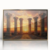 Mid-century modernist acrylic print of ancient ruins in gold and beige tones, ideal for modern art wall decor or a nursery.