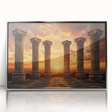 Art deco poster of ancient ruins in muted gray and blue tones, framed in acrylic, ideal for modern art wall decor.