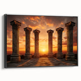 Black and white framed canvas of ancient ruins landscape, ideal for bedroom wall decor.