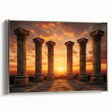 Vintage poster art of ancient ruins in vibrant colors on a large framed canvas, ideal for living room decor.