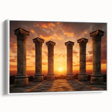 Framed canvas of ancient ruins in black and white, ideal for bedroom wall art with a vintage poster feel.