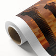 Art Deco poster depicting ancient ruins in muted earth tones on a rolled canvas, suitable for dining room wall art.