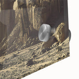 Mid-century modernist art of ancient ruins in muted earth tones on acrylic glass, great for dining room ambiance.