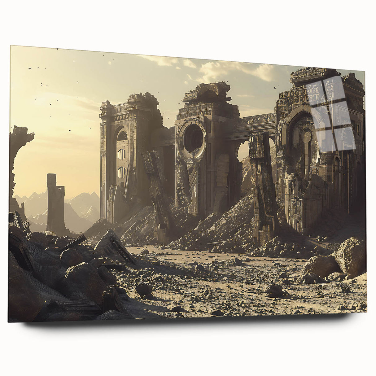 Acrylic print of ancient ruins in muted earth tones, ideal for bedroom or dining room art.