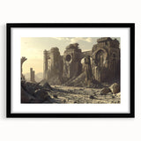 Extra large abstract art print depicting colorful, textured ancient ruins on a black framed canvas.