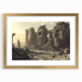 Extra large abstract art print of ancient ruins in textured style, gold-framed with mat, suitable for living room decor.