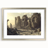Textured art print of abstract ancient ruins in muted earth tones, framed in silver, ideal for bedroom art.