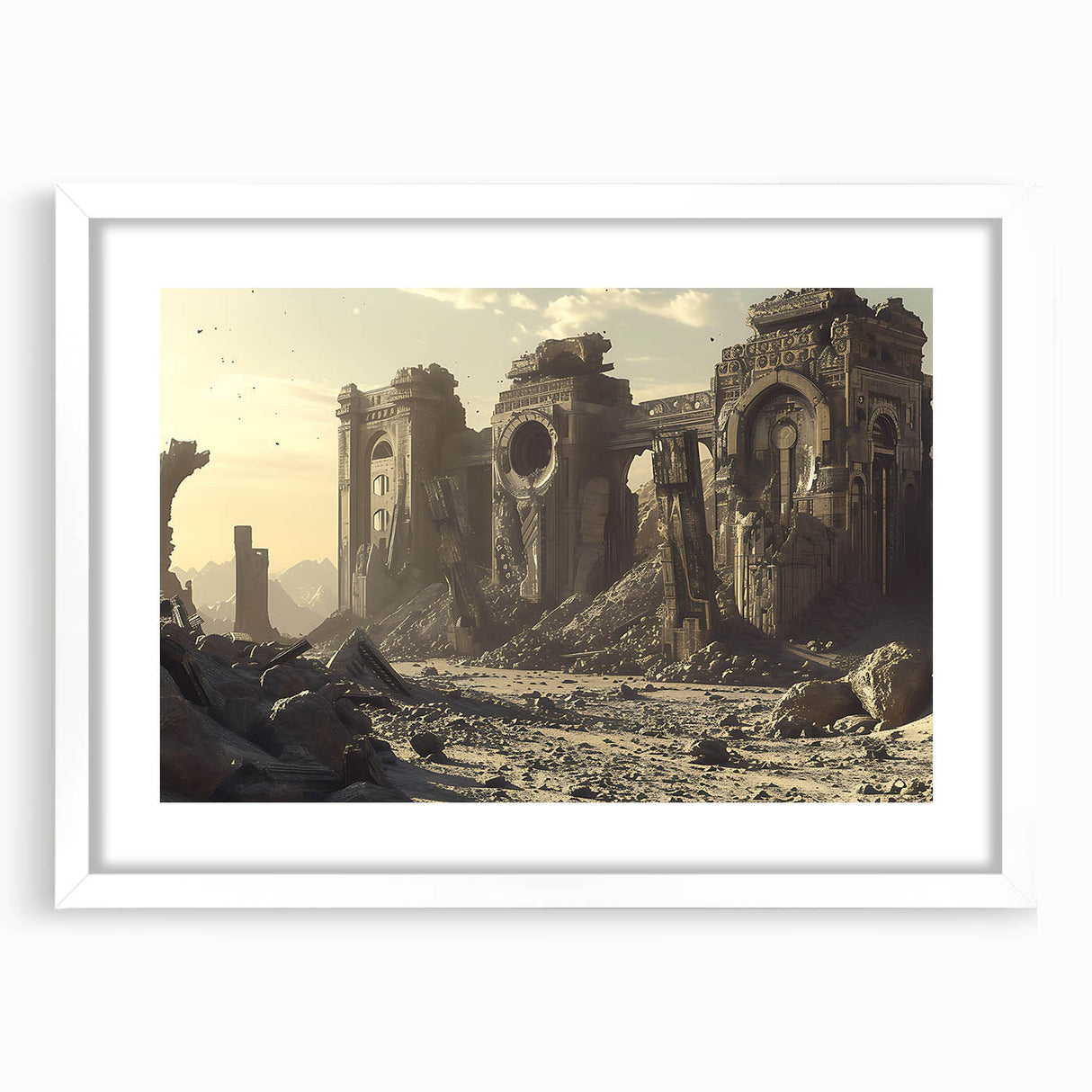 Abstract art print of ancient ruins in muted earth tones on a white framed canvas, suitable for dining room decor.