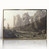Mid-century modernist acrylic print of ancient ruins in gold frame, using muted earth tones, ideal for modern art wall decor.