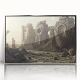 Mid-century modernist art depicting ancient ruins in muted earth tones on a framed acrylic.