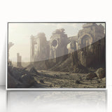 Art Deco poster of ancient ruins in monochrome, framed acrylic, suitable for modern art wall decor.