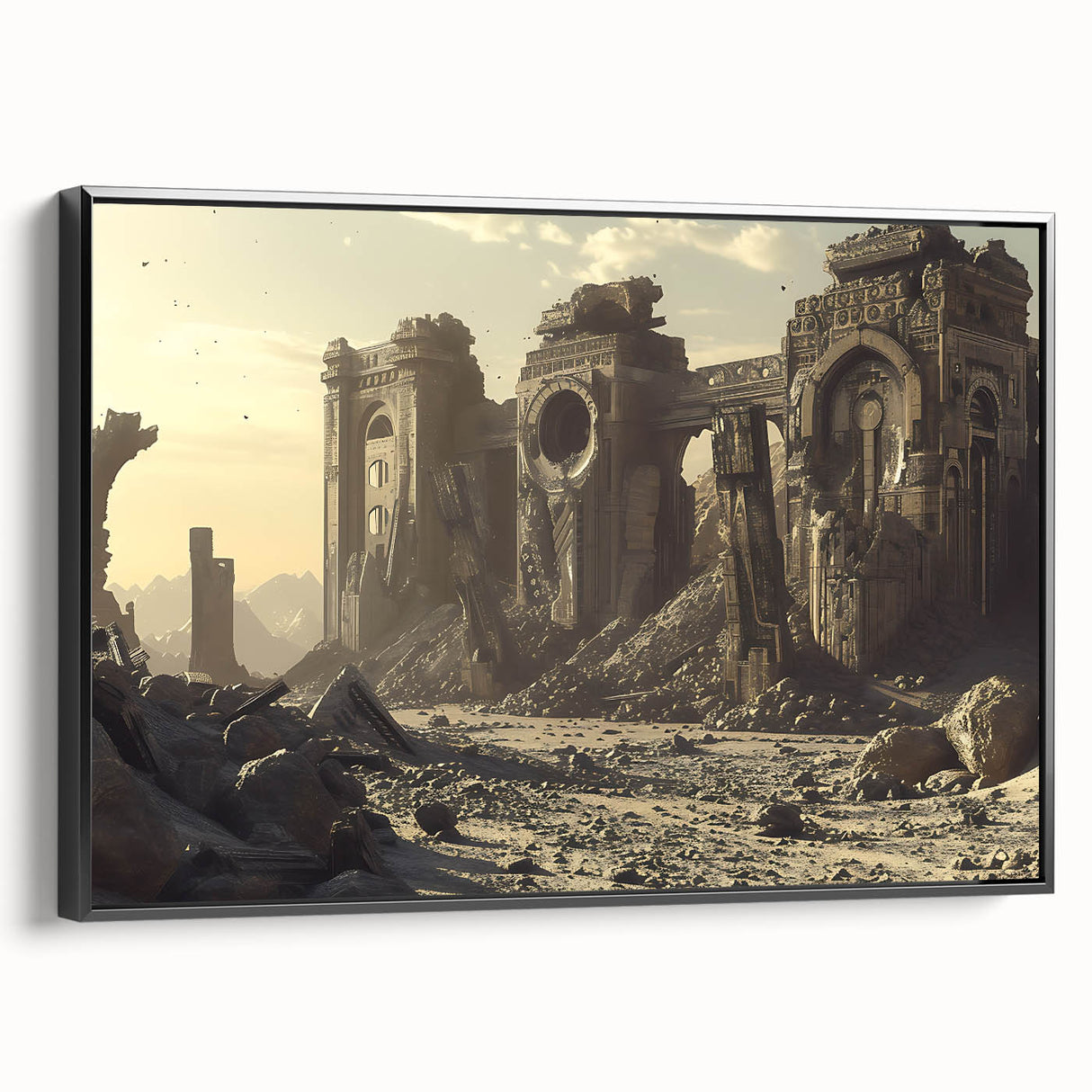 Black and white framed canvas depicting ancient ruins in a landscape, ideal for bedroom wall decor.