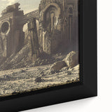 Black wall art featuring a close-up of ancient ruins with colorful, textured details on a framed canvas.