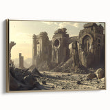 Framed canvas of ancient ruins in a landscape, featuring muted earth tones, ideal for adding a vintage touch to any room.