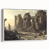 Framed canvas depicting ancient ruins in grayscale, ideal for bedroom wall art with a vintage poster style.