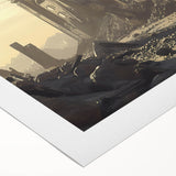 Art deco poster of ancient ruins in muted earth tones on rolled canvas, suitable for dining room wall art.