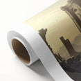 Art deco poster of ancient ruins in muted earth tones on rolled canvas, ideal for nursery wall art.