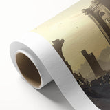Art deco poster of ancient ruins in muted earth tones on rolled canvas, ideal for nursery wall art.