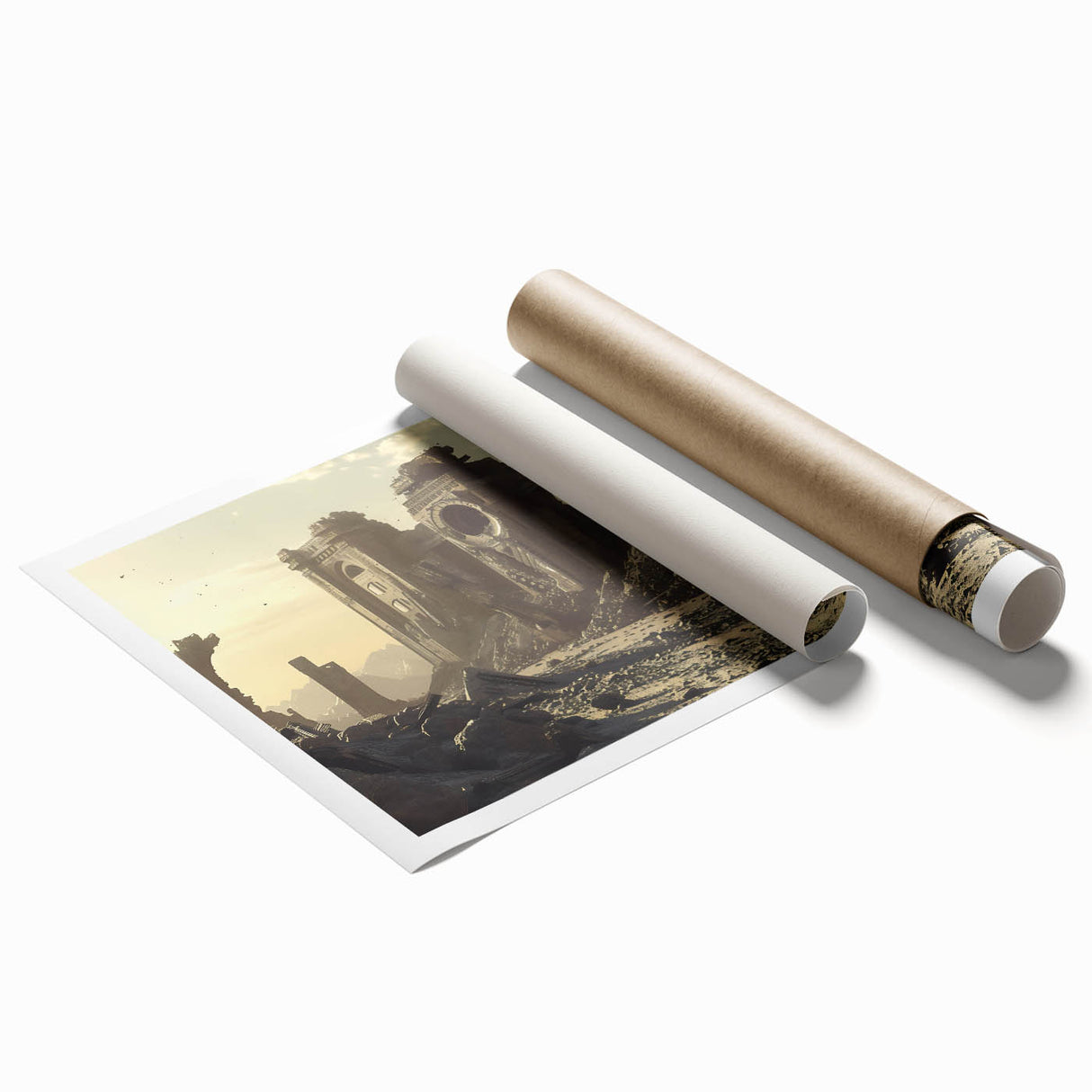 Extra large rolled print of ancient ruins in muted earth tones, ideal for classy bathroom wall décor.