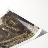Extra large rolled print featuring line art flowers on ancient ruins in muted earth tones.