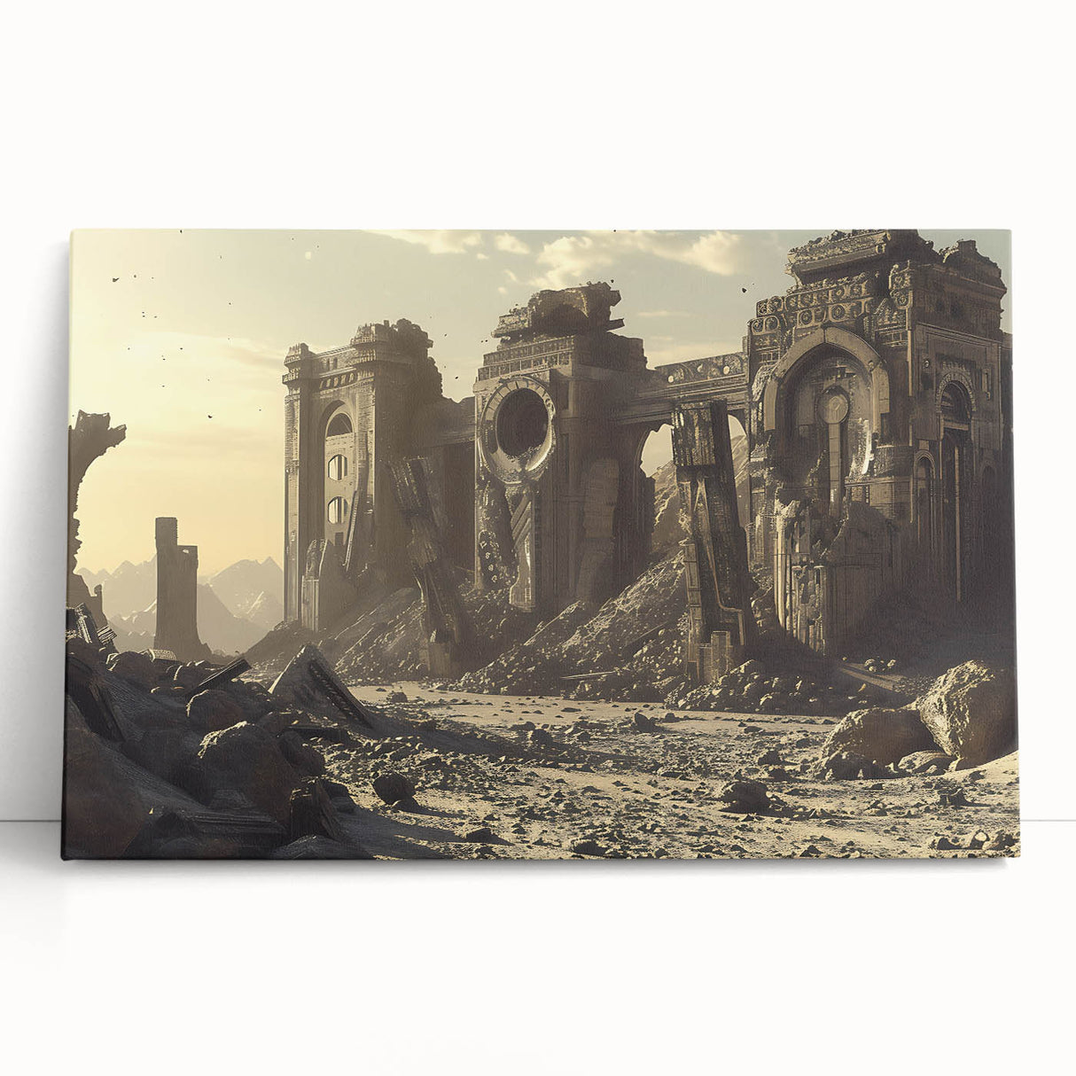 Black and white print of ancient ruins on a stretched canvas, ideal for kitchen wall art or bedroom ambiance.