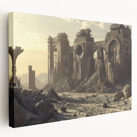Side view of a stretched canvas featuring an ancient ruins design in earthy tones, ideal for kitchen wall art.