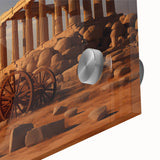 Close-up of a large abstract acrylic print featuring ancient ruins in muted earth tones, ideal for dining room art.