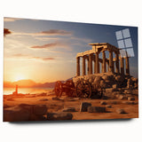 Large abstract wall art of ancient ruins in muted earth tones on acrylic glass, ideal for bedroom or dining room decor.