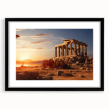 Extra large abstract art print of colorful, textured ancient ruins on a black framed canvas, ideal for living room decor.