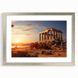 Textured art print of ancient ruins in muted earth tones on a framed silver mat, suitable for bedroom decor.