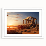 Abstract art print of ancient ruins in muted earth tones on a white framed canvas, suitable for dining room decor.