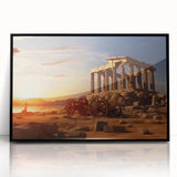 Large abstract wall art depicting ancient ruins in muted earth tones, framed in black acrylic.